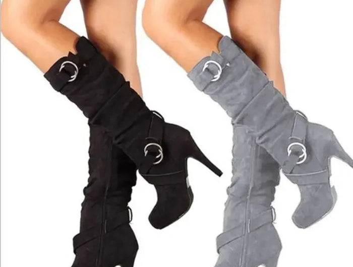 2023Sexy Knee High Women Boots Thin High Heel Round Toe Platform Fashion Ladies Pu Leather Boots Size 34-43 Lady Shoes PlatiNum