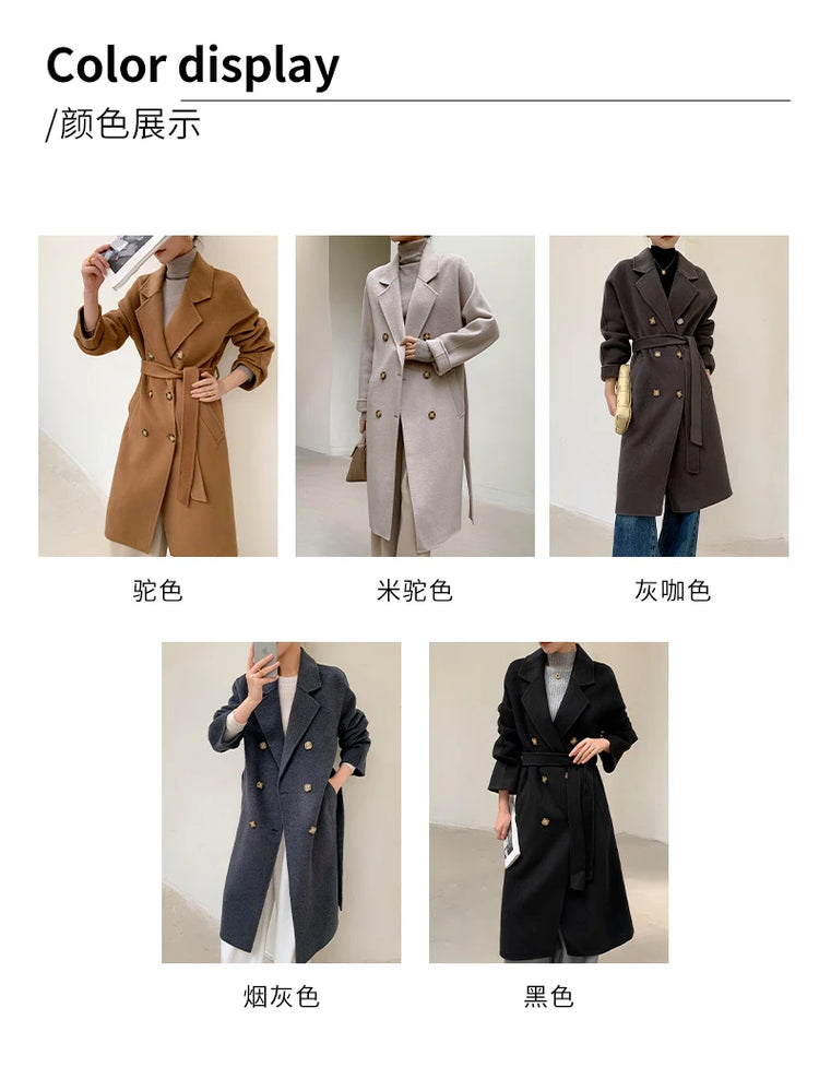Ladies' 100% Cashmere Thick Double-Sided Extended Coat, Classic, Versatile and Fashionable for Business and Leisure