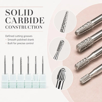 6PCS Tungsten Carbide Nail Drill Bit Set for Cuticle Prep, Professional Manicure Bits for Sidewalls, Dead Skin and Nail Surface Cleaning, with Individual Storage Bases, Salon Nail Art Tools