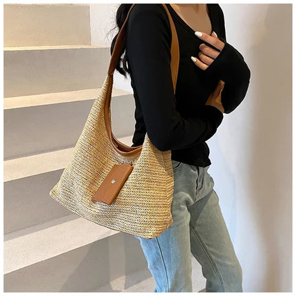 Hand-Woven Large Capacity Tote Bag for Women, Fashionable Commuter Bag, INS Style, Beach Bag for Daily Travel