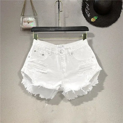Shorts in denim da donna a vita alta, strappati, con orlo grezzo e sfilacciato, casual, hot pants - platinumshop