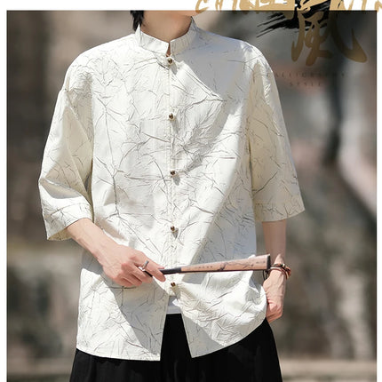Camicia stile cinese da uomo lamina d'oro elegante vestibilità ampia camicie a maniche lunghe ispirate all'annata camicette sottili estive casual abbigliamento da uomo