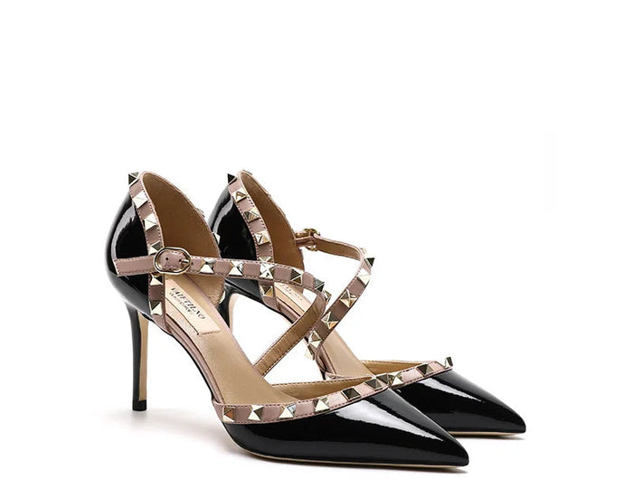 Sandali a spillo da donna 2025 Nuova pelle verniciata Estate Classic Brand Rivetto Tacchi alti Scarpe da donna Scarpe da donna sexy da festa platinumshop