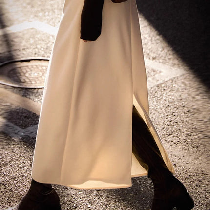 Birdtree Cashmere Silk Blended Skirt For Woman,Elastic Waist Long Skirts,Rear Slit,Commuting Style,2025 Autumn Winter D5N418JF PlatiNum