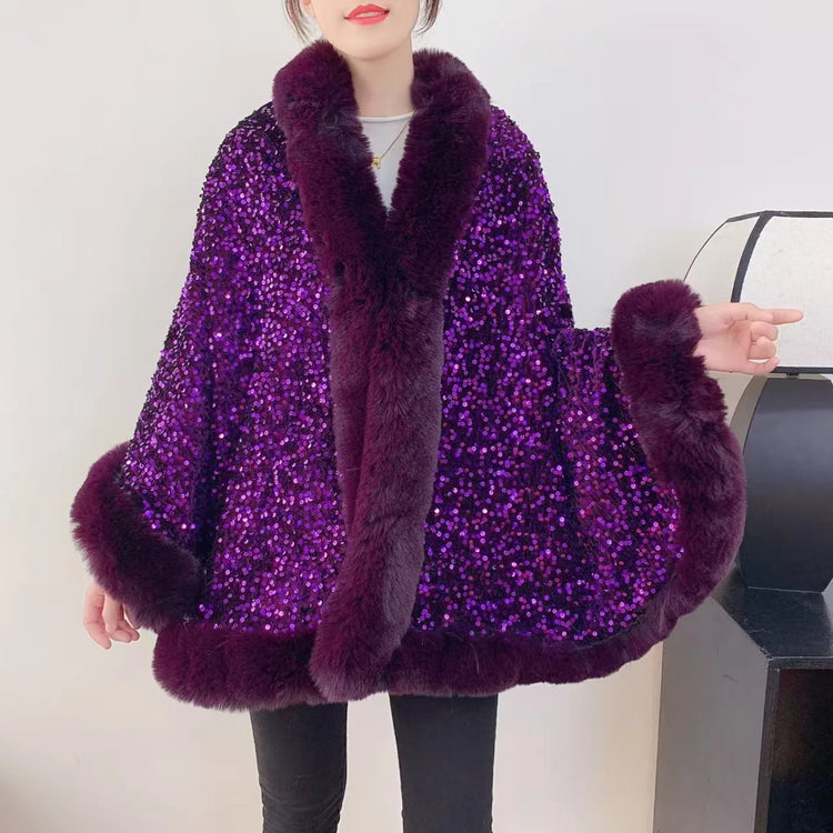 ZADORIN Fashion Sequins Long Furry Warm Faux Fur Coat Woman Autumn Winter Fur Cape Ponch Wedding Party Fur Shawl Cloak Cardigans