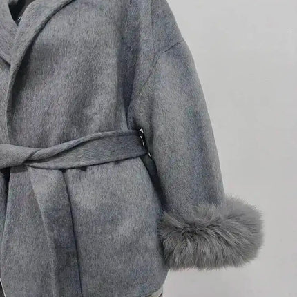 UCXQ Elegant OL Office Lady Overcoats Fur Patchwork Long Sleeve Woolen Coat Beautiful Women's Clothing Jacket Autumn 2025 Winter