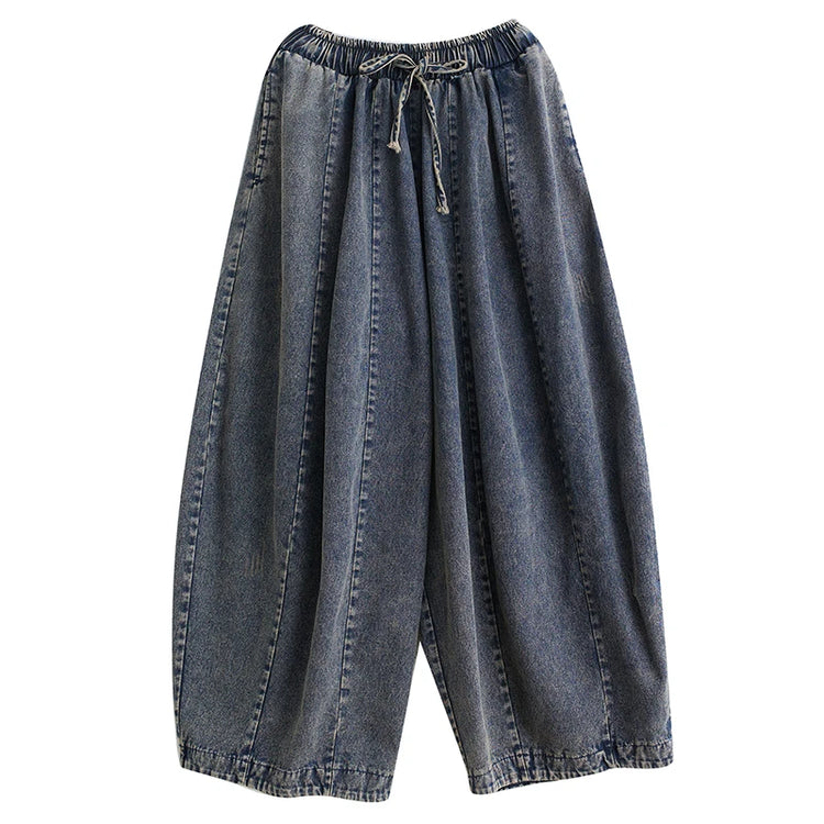 508 primavera estate nuovi Jeans larghi 100kg per le donne coulisse semplice tinta unita nero Vintag