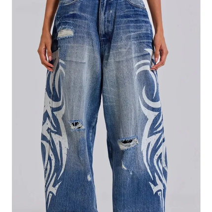 Jeans Vintage Y2k Strappati Deeptown per Donna, Pantaloni in Denim Blu Larghi con Stampa Harajuku, Stile Hip Hop Grunge Streetwear