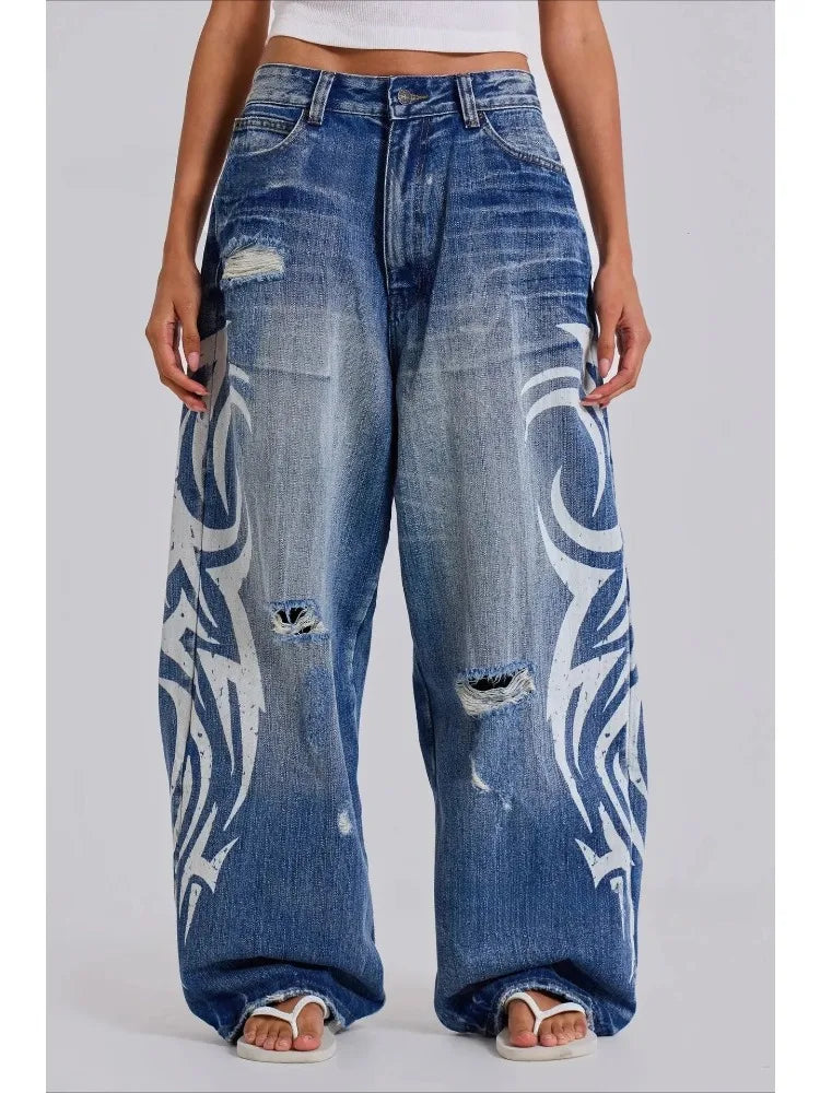 Jeans Vintage Y2k Strappati Deeptown per Donna, Pantaloni in Denim Blu Larghi con Stampa Harajuku, Stile Hip Hop Grunge Streetwear