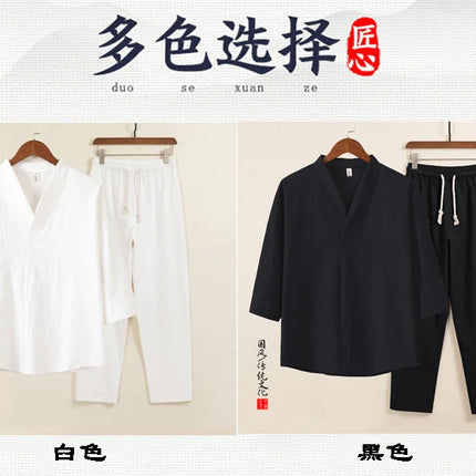 Set da due pezzi da uomo in cotone di lino confortevole (camicie + pantaloni) stile cinese retrò a maniche corte da uomo casual vestito di linguetta pantaloni Kungfu