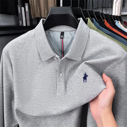 High-end branded long-sleeved polo shirt, 100% cotton, new business men's leisure lapel t-shirt, luxury comfort with Paul pony embroidery
