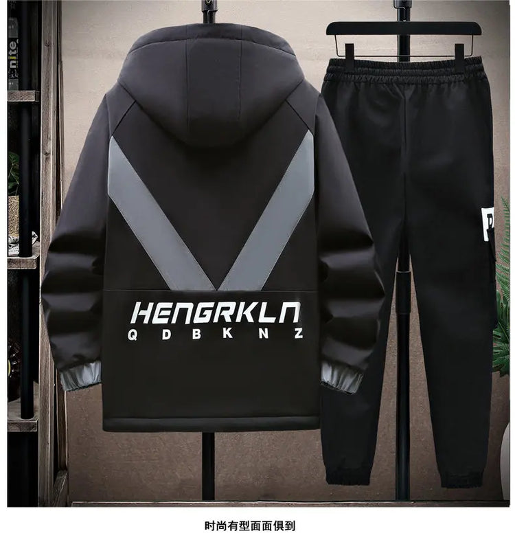 Winter Tracksuit Men Warm Sports Printed Thick Suit Mens Casual Hooded jacket+Pants Sweatsuit Male 2 Piece Sportswear