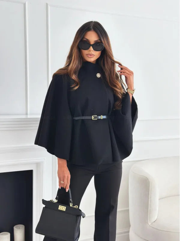 Women Single Buckle Batwing Sleeve Coat Autumn Winter Elegant Lady Tweed Waist Cinching Poncho Trend Thick Warm Loose Outwear
