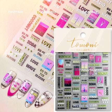 English Word Christmas Tree Calligraphy Font Reindeer Bell Gift Bowknot Starburst Adhesive Nail Charm Art Sticker Manicure Decal