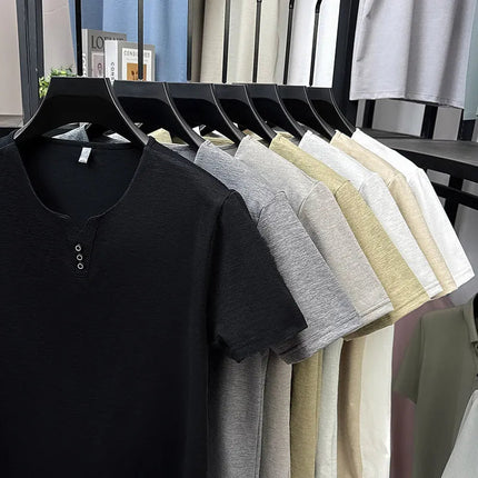 2025 New Men's Business Casual Three Button V-neck Short Sleeved T-shirt Korean Style Summer Comfortable Versatile Top PlatiNum
