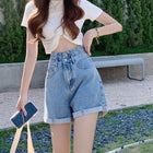Women's summer thin denim shorts with loose fit high waist slimming effect wide legs and rolled edge hot pants for outerwear PlatiNum