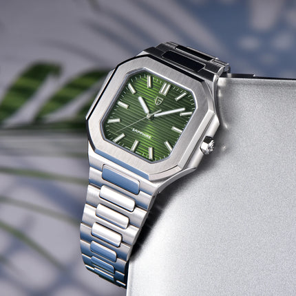 PAGANI DESIGN 37MM Orologio al Quarzo di Alta Gamma, Quadrato, Semplice ed Elegante, con Cristallo Zaffiro, Cassa in Acciaio Inossidabile, Regalo per Uomo