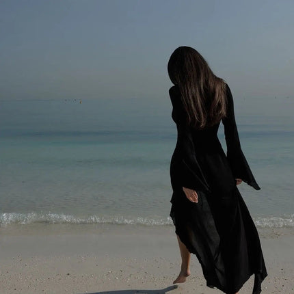 Sexy scollo a V increspato manica lunga Nero Bianco Nuova tunica in chiffon Beach Cover Up Cover-up Abito Protezione solare Beachwear Abbigliamento donna platinumshop