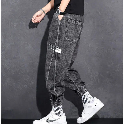 Loose Elastic Waist Denim Jeans for Men 2024 Fashion Casual Spring Workwear Foot-Tied Pants with Brand Workwear Baggy Trousers PlatiNum