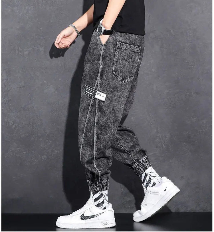 Loose Elastic Waist Denim Jeans for Men 2024 Fashion Casual Spring Workwear Foot-Tied Pants with Brand Workwear Baggy Trousers PlatiNum