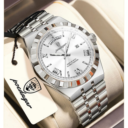POEDAGAR Fashion Male Clock Luminous Waterproof Week Date Creative Men Watch Stainless Steel Quartz Business Men's Watches Reloj