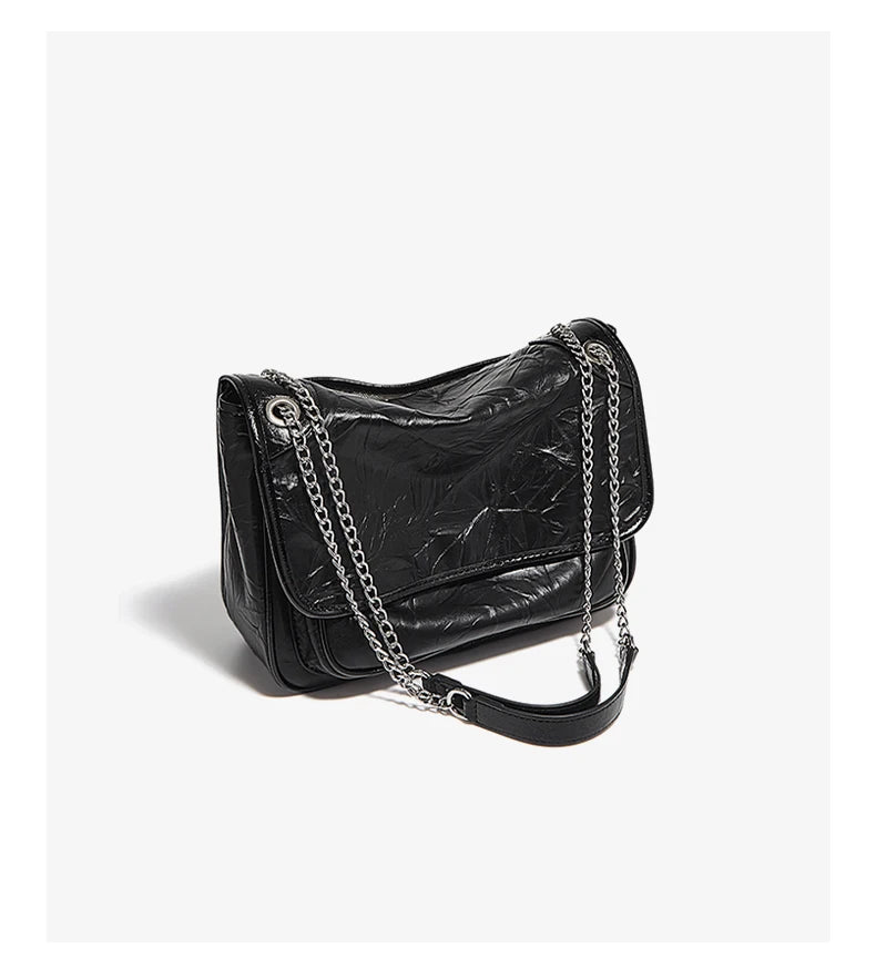 FOXER Women Genuine Leather + PU Shoulder Handbag Classic Fashion Black Tote Chain Bag