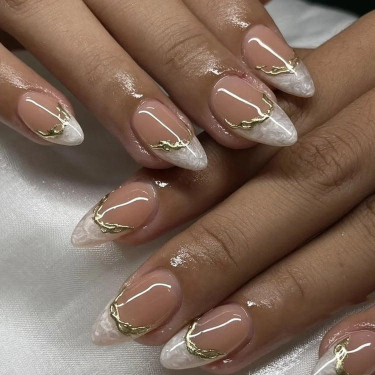 24Pcs Medium Almond Nude‑Pink 3D Textured Metallic Cat‑Eye French Sheer Press‑On False Nails For Nail Art Decor