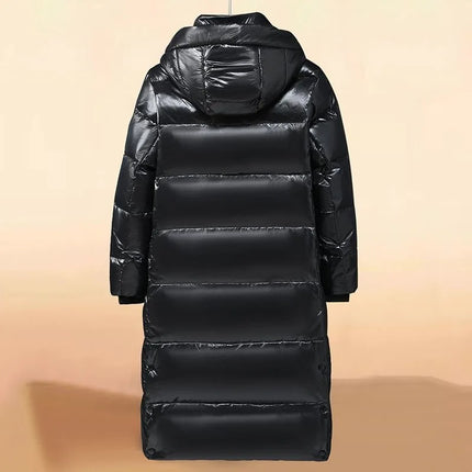 New Winter Men Hooded Black Shiny Long Puffer Jackets Couple Goose Down Coats Quality Male Over The Knee Thicker Warm Coats 3XL
