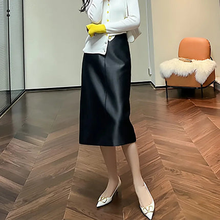 High-end Black and White Temperament Commuting Hip Skirt Looks Thin Medium Length Silk Wool Skirt 53% Wool 47% Mulberry Silk PlatiNum