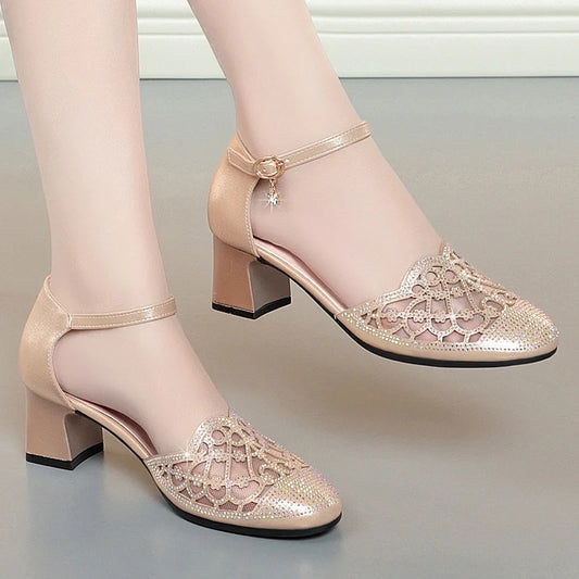 Summer Rhinestones Women Closed Toe Sandals Flat Mid Heel Chunky Heel  PU Leather Shoes Hollow Mesh Soft Bottom Mom Shoes