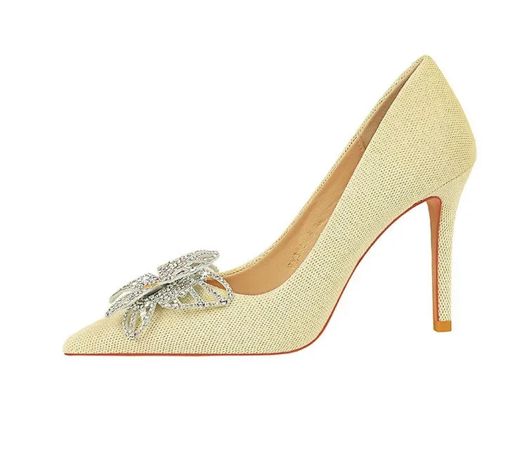 NUOVE Décolleté da donna con strass Tacchi alti a farfalla 10 CM Tacchi a spillo da donna in pelle scamosciata Scarpe da banchetto di lusso Scarpe da sposa di moda
