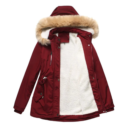 Women's Winter Coat Warm Fleece Lined Parka Detachable Faux Fur Hood Padded Jacket Slim Waist Thick Sherpa Loose Cotton Outwear