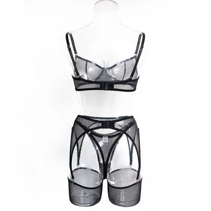 Krasapt Sexy Mesh See Through Lingerie 4 Piece Sets Woman Sheer Push Up Bras And Panties Garter Suits Erotic Intimate Outfits