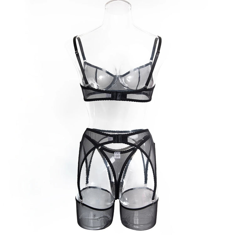 Krasapt Sexy Mesh See Through Lingerie 4 Piece Sets Woman Sheer Push Up Bras And Panties Garter Suits Erotic Intimate Outfits