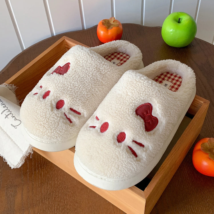 Cute Cat Winter Warm Slippers Women Men Fluffy Plush Home Shoes Red Bowknot Plaid Lining Indoor Bedroom Cotton Slides Mules New
