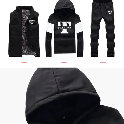 3 Pieces Set Hoodies+Vest+Pants Casual Men's Track Suit Clothing Coats Winter Thick Warm Tracksuit for Men Printed Mens Set Vest