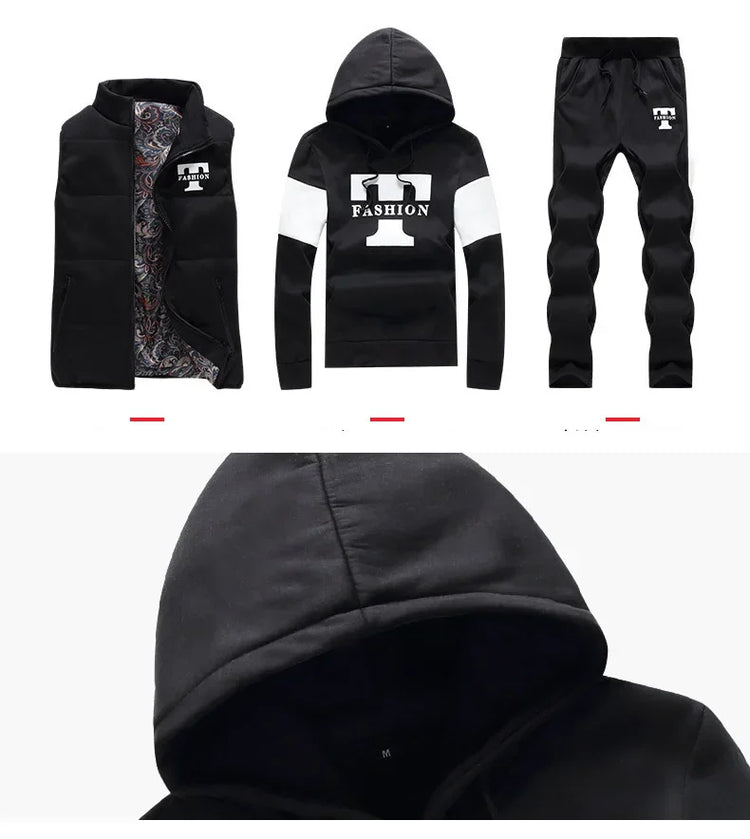 3 Pieces Set Hoodies+Vest+Pants Casual Men's Track Suit Clothing Coats Winter Thick Warm Tracksuit for Men Printed Mens Set Vest