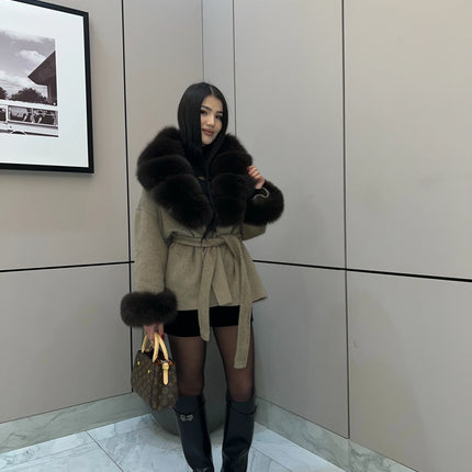 Lady Faux Fur Collar Cuffs Patchwork Short Overcoat  Belted Lace Up Loose Warm Jacket New Winter Daily Street Women's Outerwear