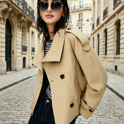 Belted Waist Cropped Trench Jackets Women Double Breasted Stand Collar Coats 2025 Autumn Chic Casual Vintage Jacket Women Cloth