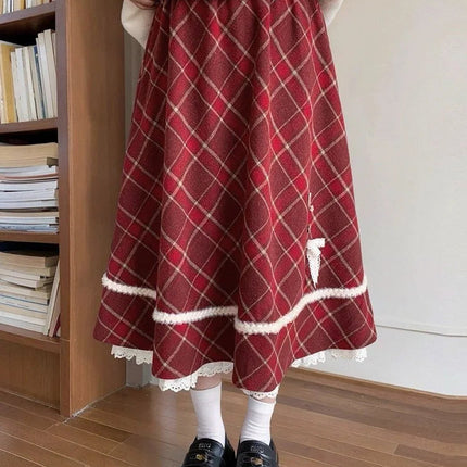 Sweet Red Plaid Long Skirt Women Vintage Faux Woolen Bow Cute Skirts Lace Patchwork High Waist Korean Elegant Warm Long Skirts PlatiNum