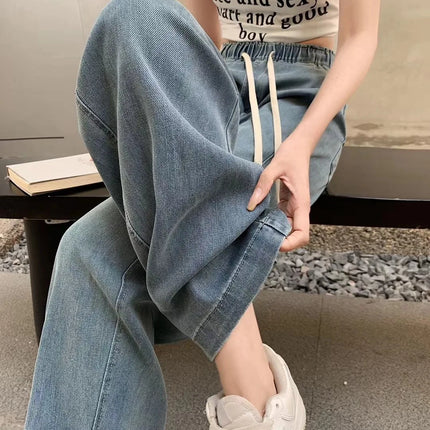 Jeans lavati curvi di seta pantaloni estivi in Denim a gamba larga larghi a vita alta da donna