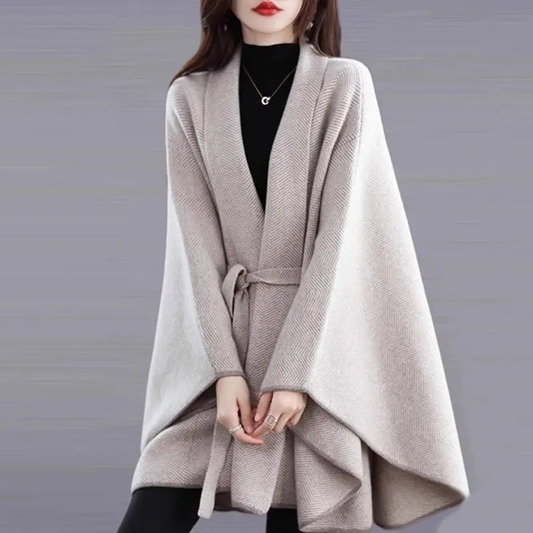 Cloak Shawl Jacket 2026 New Spring And Autumn Sweater Herringbone Lace-Up Loose Knitted Sweater Thickened Cardigan Beige Jackjet