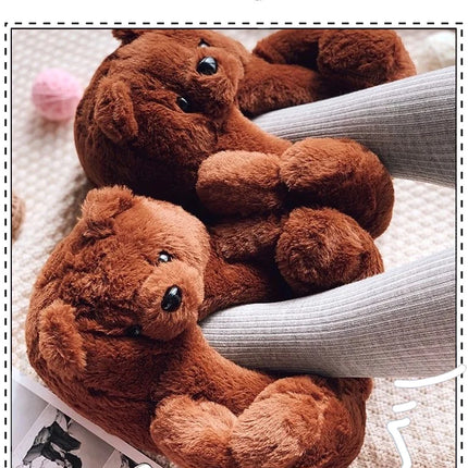 Cute Teddy Bear Plush Winter Slippers, Wrapped Heel Funny Indoor Floor Shoes, Women Gift, Warm Soft Cartoon Fluffy Animal Slippe