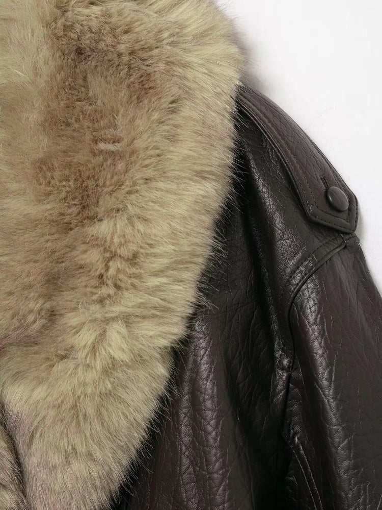 TFMLN 2025 Winter Women Loose Faux Leather Jacket Fashion Removed Big Fur Collar Causal Coat High Street Double Breasted Outwear