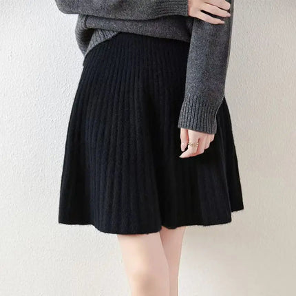 100% Merino Wool Mini Skirt Korean Women's AutumnWinter Fashionable Solid Color Elastic Waist Knitted Pleated Skirt PlatiNum