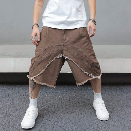 Pantaloncini estivi in denim marrone da uomo, caratterizzati dallo stile street retrò alla moda, alla moda, vestibilità ampia, adatti per l'abbigliamento casual quotidiano.