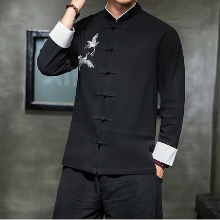 Camicie con ricamo gru Abbigliamento tradizionale cinese vintage Mezza manica da uomo in lino Solido colletto Madarin Cardigan Hanfu Kungfu