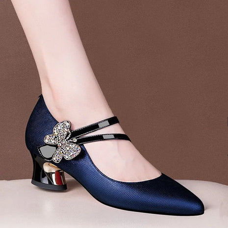FHC Tacchi medi in pelle poco profonde, Scarpe da lavoro da donna da ufficio, Décolleté da donna, Papillon con strass, Punta a punta Vogue, Blu, Nero, Dropship