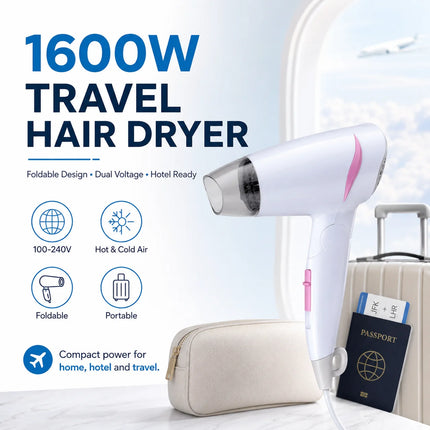 1600W Dual Voltage Hair Dryer Foldable Design 100-240V Portable Travel Hairdryer Hot Cold Air Styling Tool Hotel Use