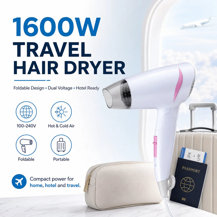 1600W Dual Voltage Hair Dryer Foldable Design 100-240V Portable Travel Hairdryer Hot Cold Air Styling Tool Hotel Use